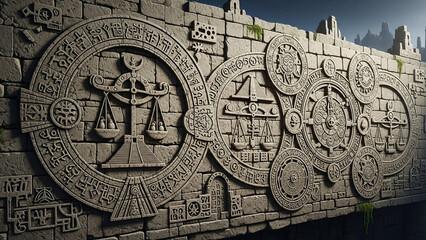 Fototapeta premium Ancient Stone Wall Relief Sculpture with Intricate Symbolic Carvings of Scales and Gears, Evoking Historical Mystery and Forgotten Civilizations