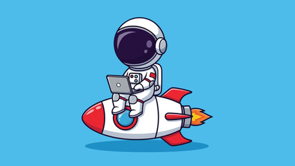 Cute cartoon astronaut riding a rocket working on a laptop space exploration concept. © NFS Studio