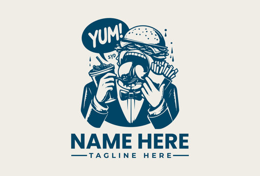 A blue-toned illustration of a man in a suit eating a burger with a speech bubble saying 'YUM!' and customizable text fields for 'NAME HERE' and 'TAGLINE HERE' in a graphic design concept.