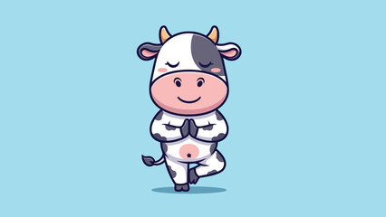 Cute cartoon cow character in yoga tree pose standing on one leg with closed eyes and namaste hands.
