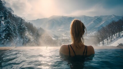 Woman enjoying a relaxing soak in a natural hot spring with stunning mountain views and snowy landscape.