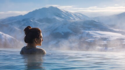 Woman enjoying a relaxing spa experience with stunning mountain views and serene atmosphere.