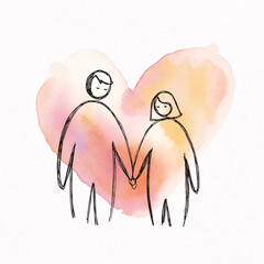 Line drawing of a man and a woman competing for each other's heart or love, Family embracing soft pastel colors on light background for maternal care designs. Generative ai