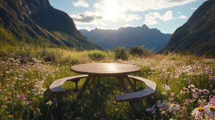 Round picnic table in a mountain meadow surrounded by wildflowers and tall grasses with towering mountains in the background offering a serene spot for a lunch break in nature