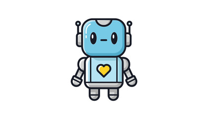 Fototapeta premium Cute blue robot character with heart on chest, smiling and friendly.