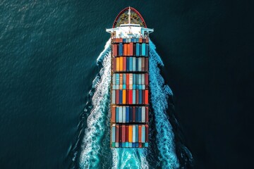 An aerial view of a large cargo ship sailing through the ocean, with a colorful container ship in the foreground and a calm sea in the background.