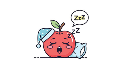 Obraz premium Cute cartoon apple sleeping soundly with a nightcap and pillow dreaming.