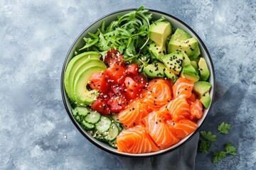 A vibrant and colorful bowl of poke, featuring a variety of fresh ingredients such as salmon, cucumber, avocado, and sesame seeds.