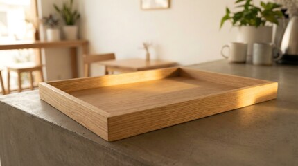 Fototapeta premium Empty Wooden Tray on Concrete Counter with Natural Light