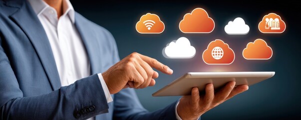 Businessman using a tablet with cloud icons representing apps, cloud computing, and digital technology