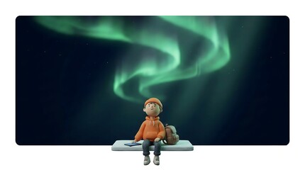 Young Man with Tablet Experiencing Northern Lights