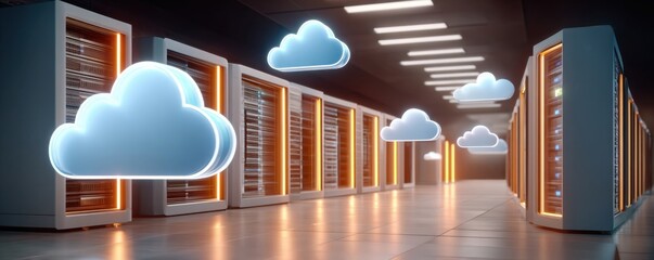 Digital cloud security: neon servers with floating locks and cloud icons depicting protection