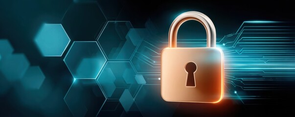 Digital illustration of a golden padlock symbolizing data security and cyber protection in a tech background