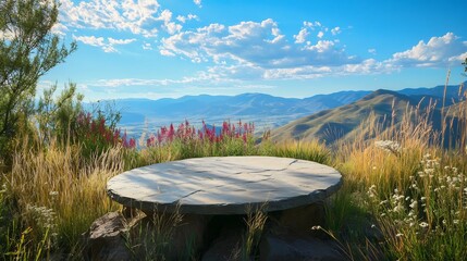 Round stone table perched on a mountaintop surrounded by tall grasses and wildflowers with sweeping views of distant mountain ranges and clear blue skies ideal for meditation or relaxation