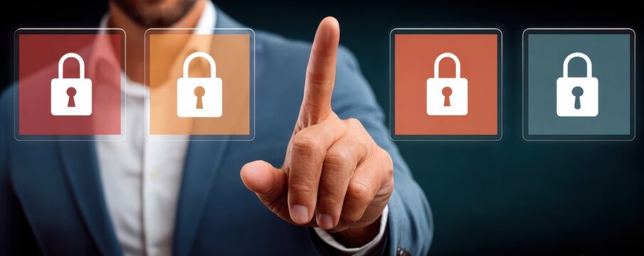 Business professional taps security icons on a digital lock interface for cybersecurity and data protection - Powered by Adobe