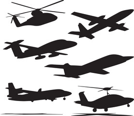 Collection of different aircraft and helicopter silhouettes isolated