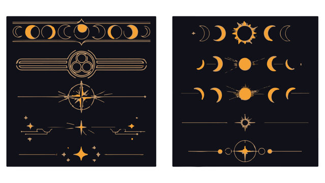 Golden Celestial Vector Line Dividers and Elements with Moon Phases, Sun, and Stars