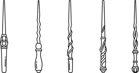 Five intricately designed magic wands a captivating silhouette on transparent background