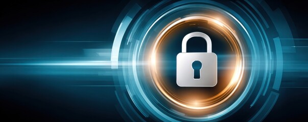 Digital security concept featuring a golden padlock surrounded by high-tech circular rings