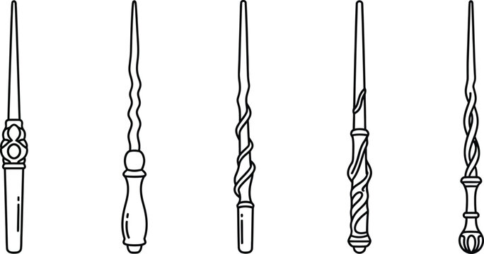 Five intricately designed magic wands a captivating silhouette on transparent background