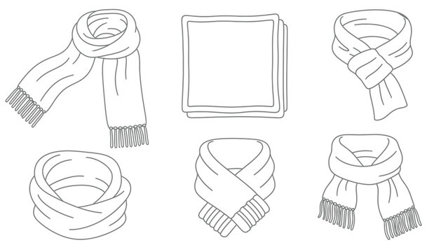 Line art illustrations of scarves in various styles on transparent background silhouette