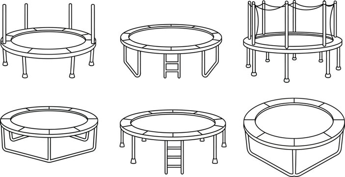 Line art illustrations of trampolines in various views on transparent background silhouette
