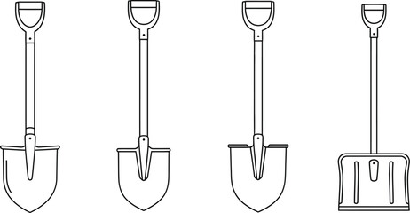 Four different types of shovels displayed side by side silhouette on transparent background © MdGolam