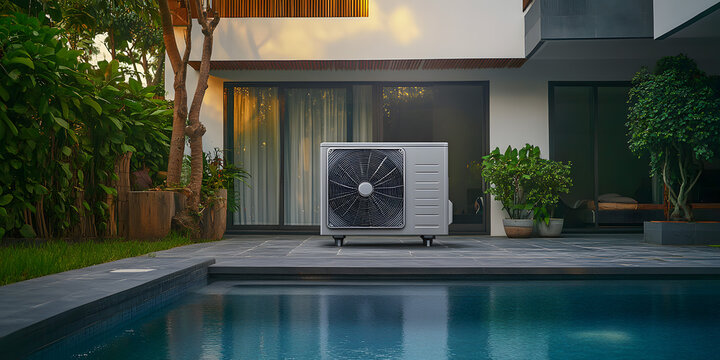 Heat pump unit beside a swimming pool.