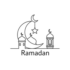 Obraz premium Ramadan Islamic crescent moon, mosque, lantern, star, line art graphic design