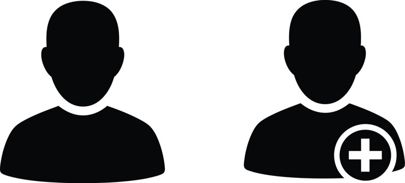 Two black human head silhouettes with add icon on transparent background