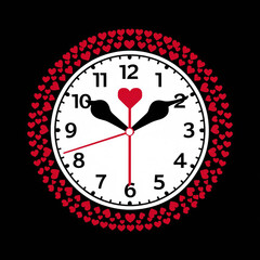 Decorative wall clock with a large red heart face and a frame of smaller hearts