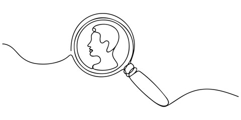 Magnifying glass with profile icon continuous one line drawing. Human Resources Sketchy Doodle Vector Line Icon with Editable Stroke, Continuous one line drawing of a magnifying glass focusing on a.