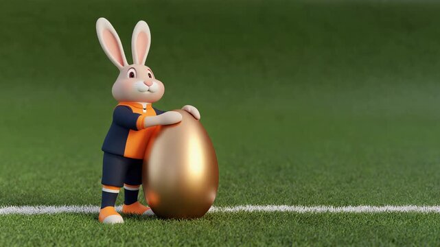 Easter rabbit wearing orange and dark blue soccer clothes on the football filed touches his shoulder a big golden egg.