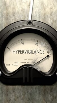 Hypervigilance meter showing big levels of hypervigilance. Dangerously increasing values of hypervigilance, critical overload. Too much, off the charts. Max hypervigilance