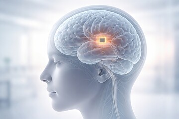 Obraz premium Human brain illustrated with digital interface exploring cognitive technology symbolism deep insights and neurointegration representing the merging of innovation and emotional intelligence