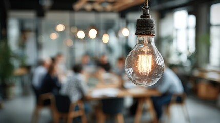 Modern office meeting with glowing Edison bulb and diverse team brainstorming
