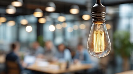 Modern office meeting with glowing Edison bulb and diverse team brainstorming
