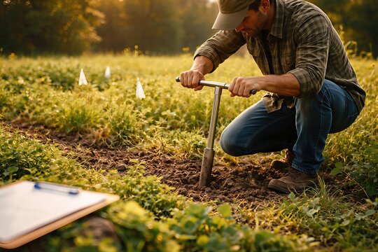 A dedicated agricultural professional utilizing a soil probe to assess and analyze soil health in an expansive green field under soft golden lighting