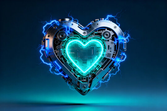 Mechanical heart with glowing circuitry