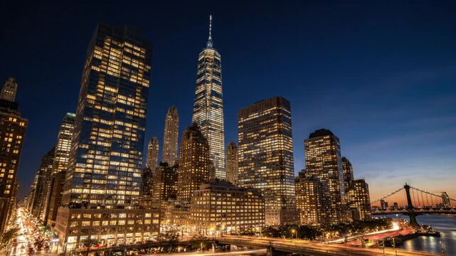 Time lapse view of the illuminated New York City skyline at sunset turning into night