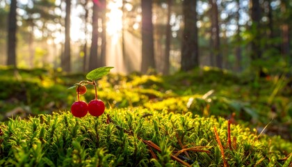 Sun rays stream through a dense forest, illuminating vibrant green moss and red berries, creating a magical scene