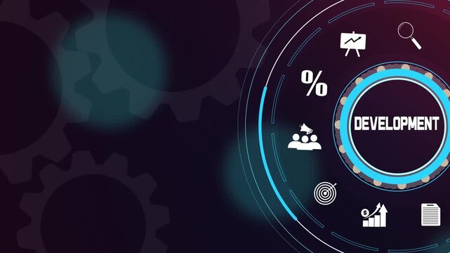 Modern business development concept with glowing neon corporate icons and digital gear wheels background.