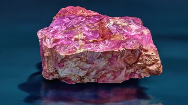 A large, faceted, pink gemstone rests with reflection on a dark blue background