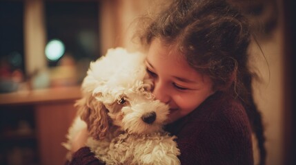 Young girl lovingly embraces fluffy dog, sharing a tender moment of affection and companionship.