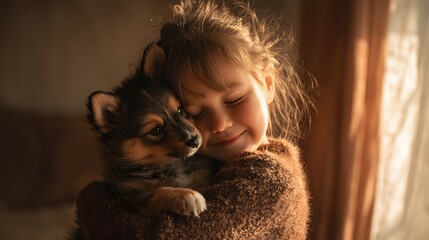 Young girl lovingly embraces a small puppy, sharing a tender moment of affection and companionship.