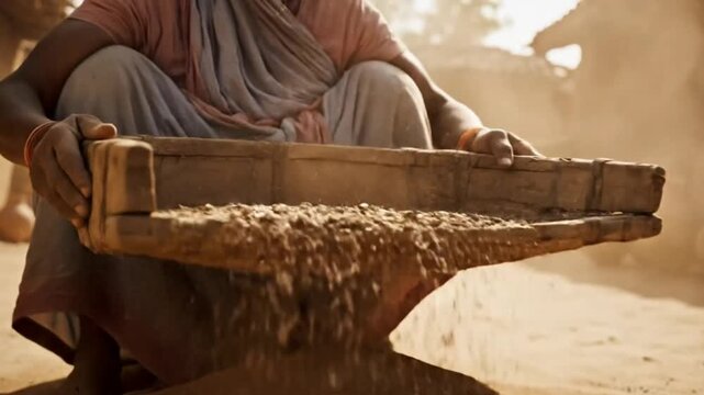 An older woman sifts grain using a traditional wooden sieve in a rural village environment during a sunny day.