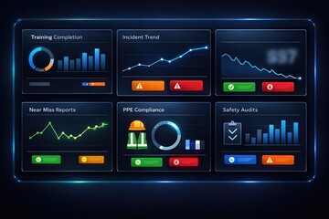Interactive safety dashboard showcasing training completion metrics, incident trends, near miss reports, and compliance statistics with a focus on safety audits and risk management analysis