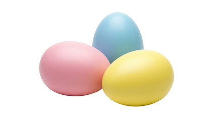 A 3D illustration of three colorful Easter eggs in blue, yellow, and brown shells isolated on a white background as a spring holiday decoration symbol