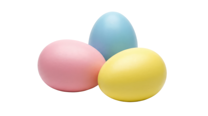 A 3D illustration of three colorful Easter eggs in blue, yellow, and brown shells isolated on a white background as a spring holiday decoration symbol