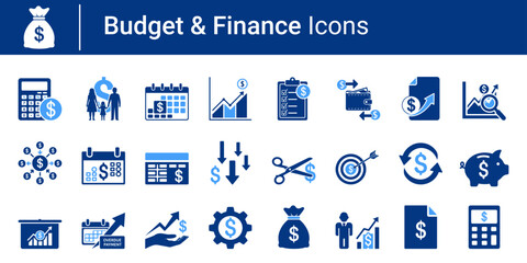 Budget and Finance Icons Set with Money Management, Savings, Investment and Accounting Symbols